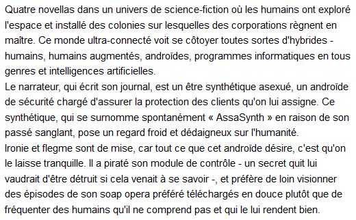  Défaillances systèmes - Journal d'un Assasynth, de Martha Wells 