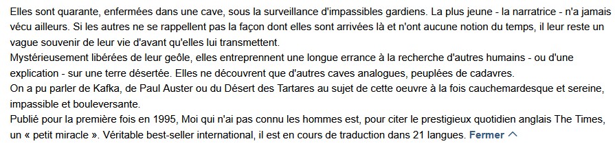Moi qui n'ai pas connu les hommes, Jacqueline Harpman