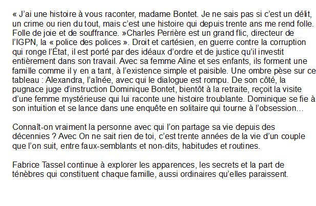 On ne sait rien de toi, Fabrice Tassel 