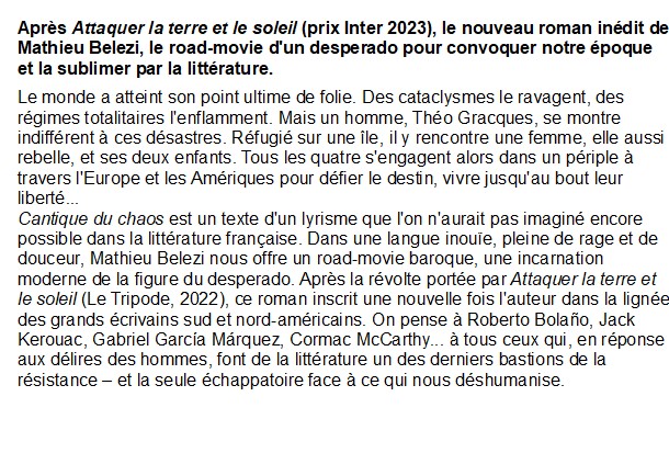 Cantique du chaos, Mathieu Belezi 